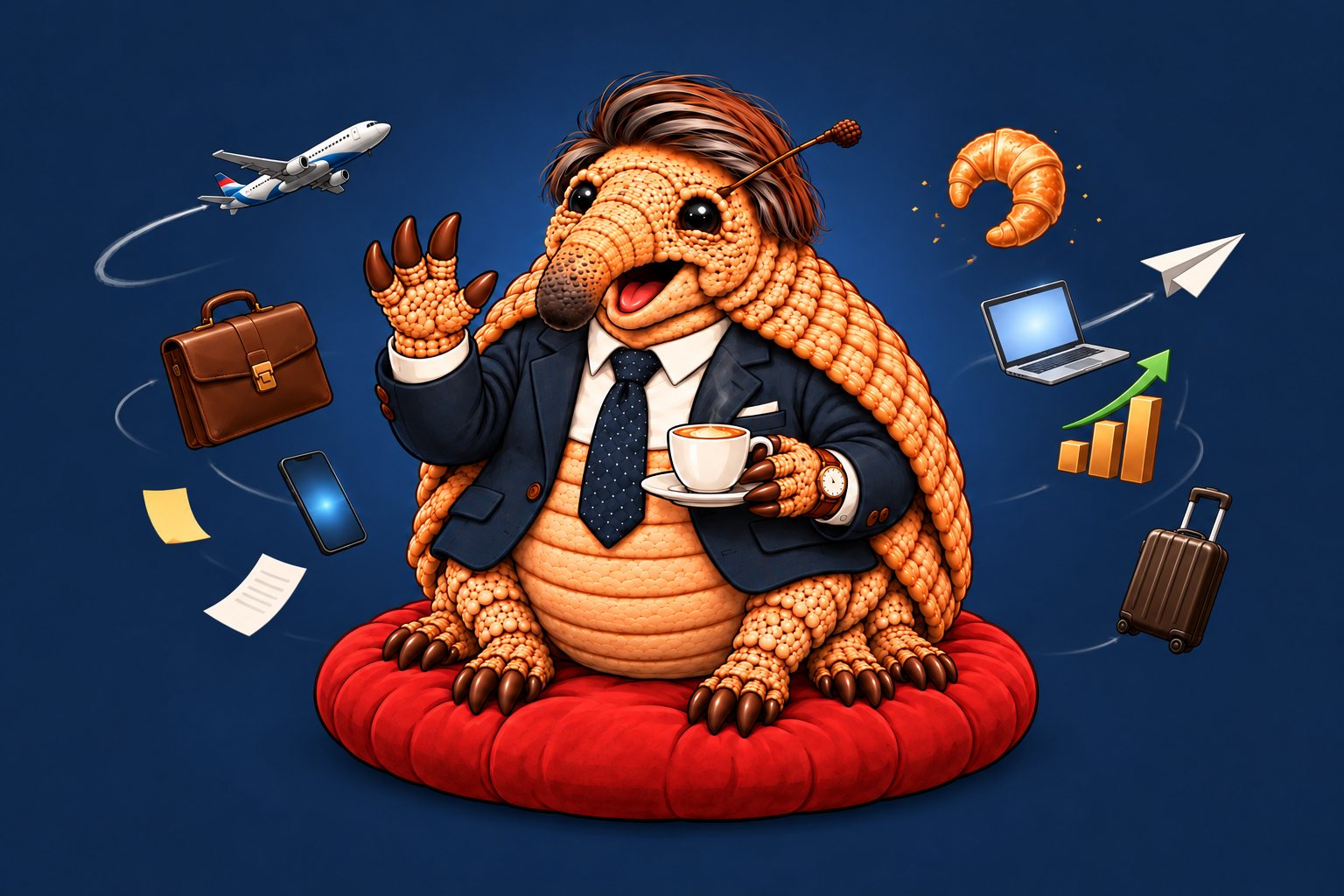 Rüssler, the business expert, sitting on his red cushion with a coffee, surrounded by an airplane, briefcase, laptop, smartphone, trolley and a Kipferl